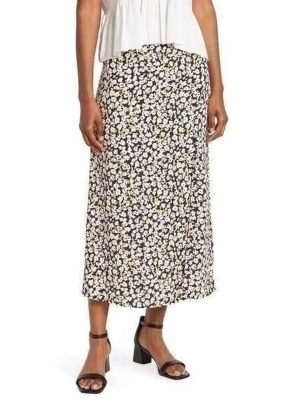 Sanctuary Black Floral Midi Skirt with Cream Blossoms